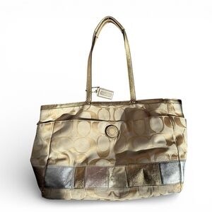 Coach Stripe 3 Color Signature Metallic Tote Bag